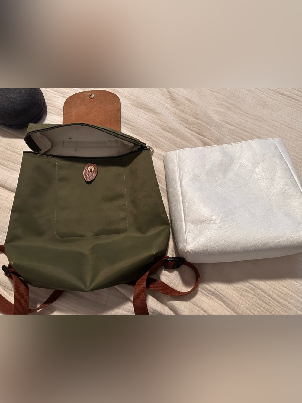 Longchamp Olive Green Nylon Backpack with Brown Leather Flap - Picture 8 of 8